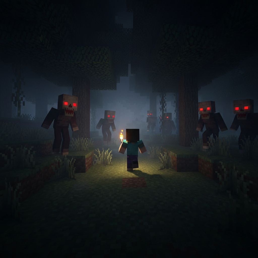 Devour MC horror gameplay showing a dark atmospheric scene with custom lighting and entities