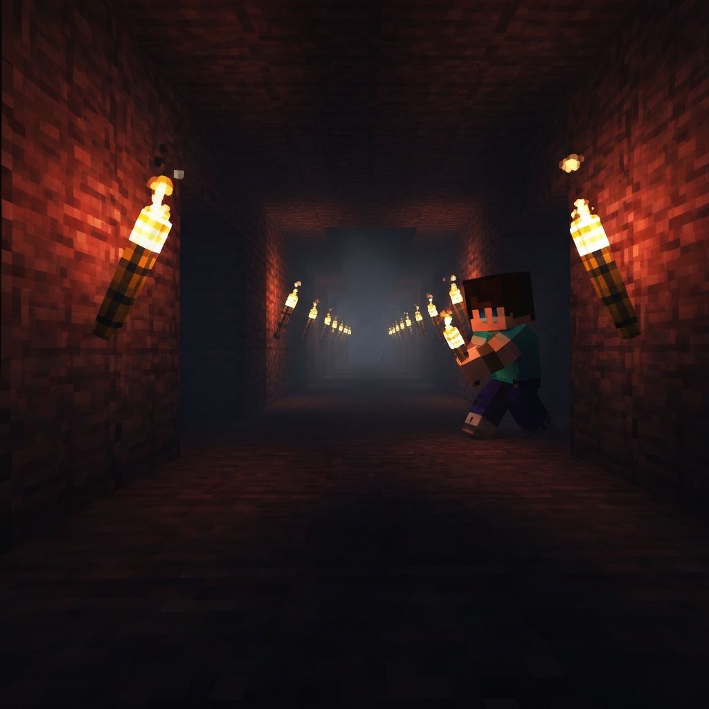 Devour MC dark dungeon exploration with torch-lit corridors